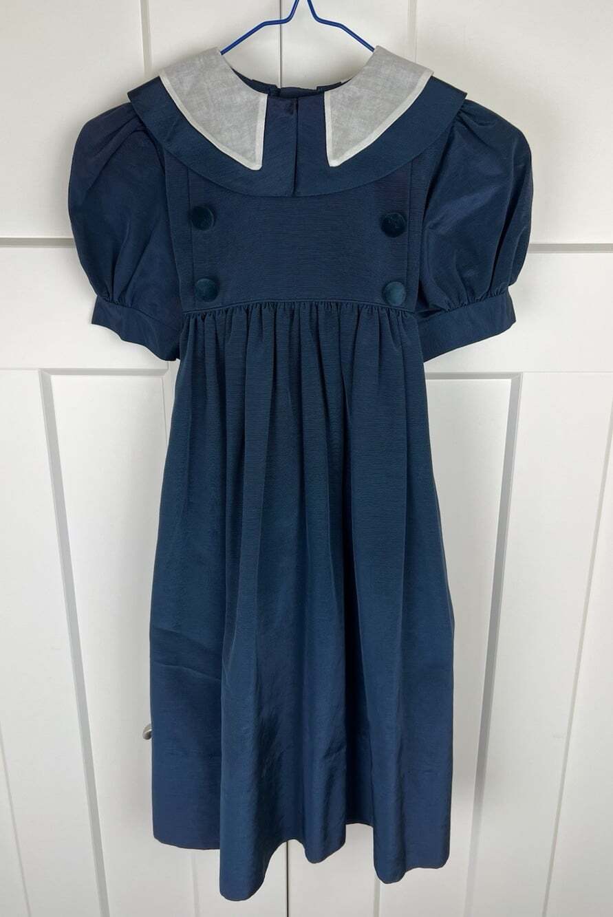 Vintage Monday’s Child Girls Size 6 Blue Green Taffeta Peter Pan Collar Dress